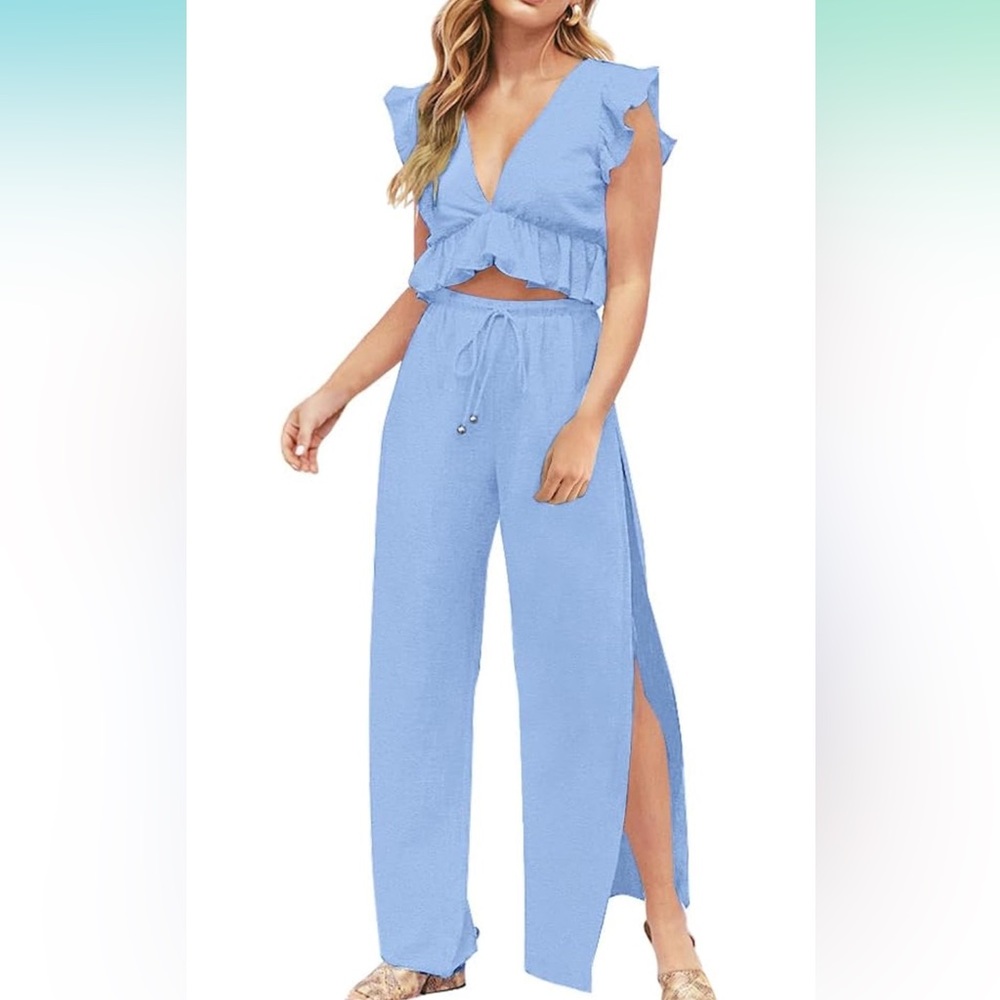 Women's Light Blue Beach Set - 2 Piece, Side Slit, Ruffle V Neck